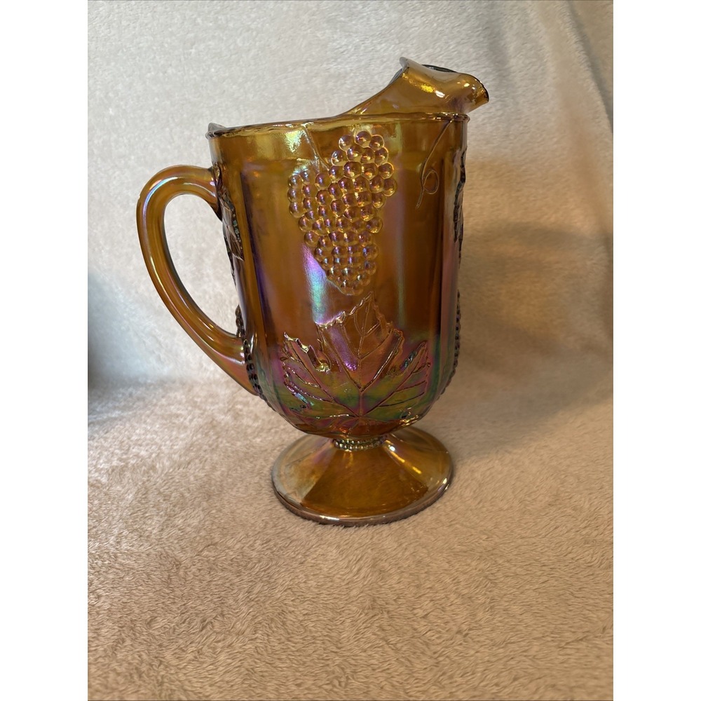 Vintage 1970 Indiana Glass Harvest Grape 10"x8" Carnival Amber Pitcher